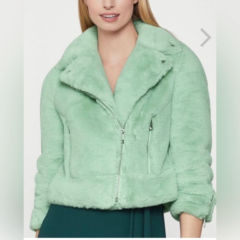 BCBGMAXAZRIA $338 “Violet” Faux Fur Moto Jacket In Pistachio Size XS - Picture 1 of 17